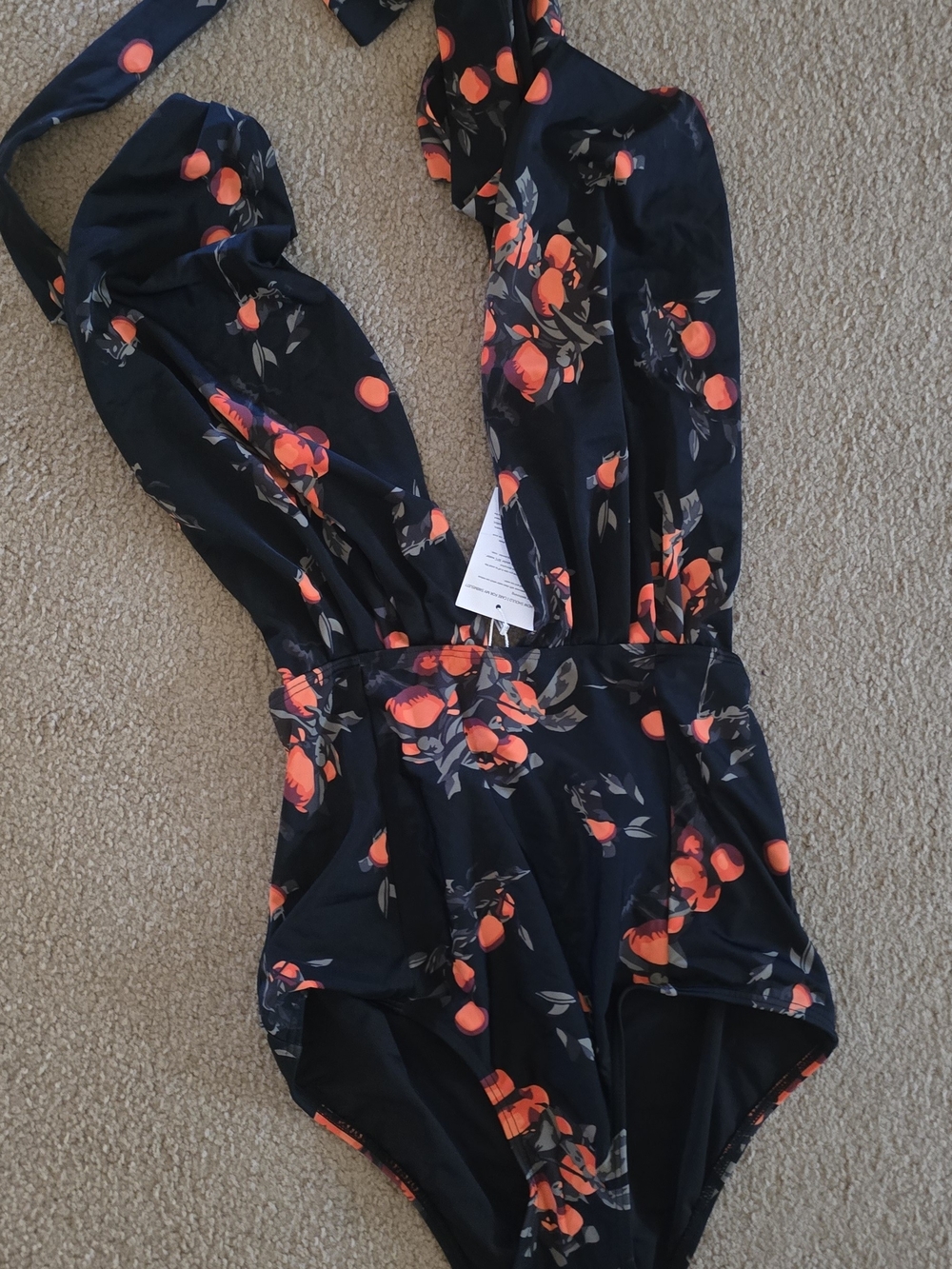 Navy Floral One-Piece Swimsuit with Orange Berry Print NWT